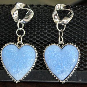 Corn Flower Blue Porcelain Heart Earrings